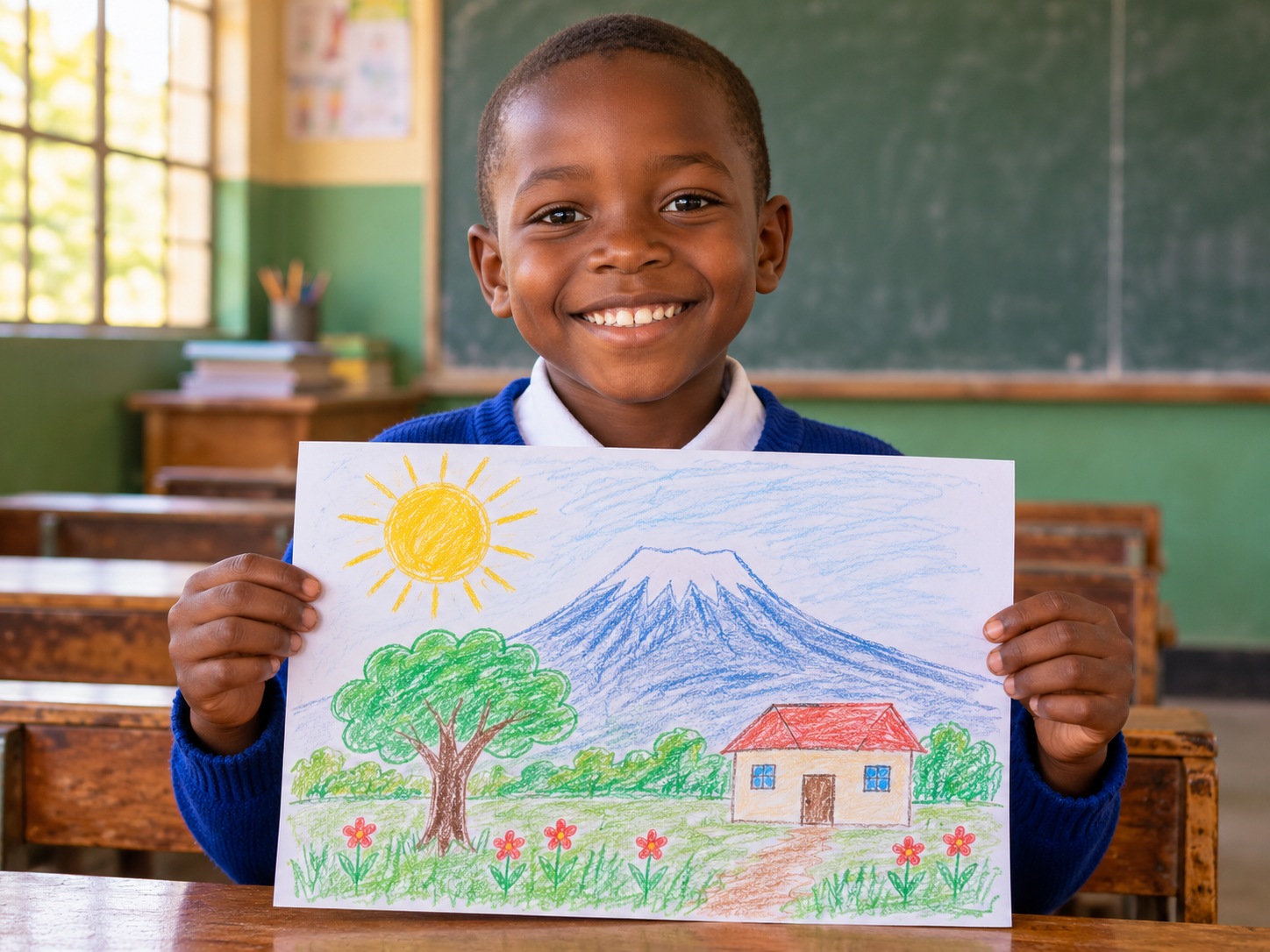 A boy proudly holding his drawing of a mountain, house and tree