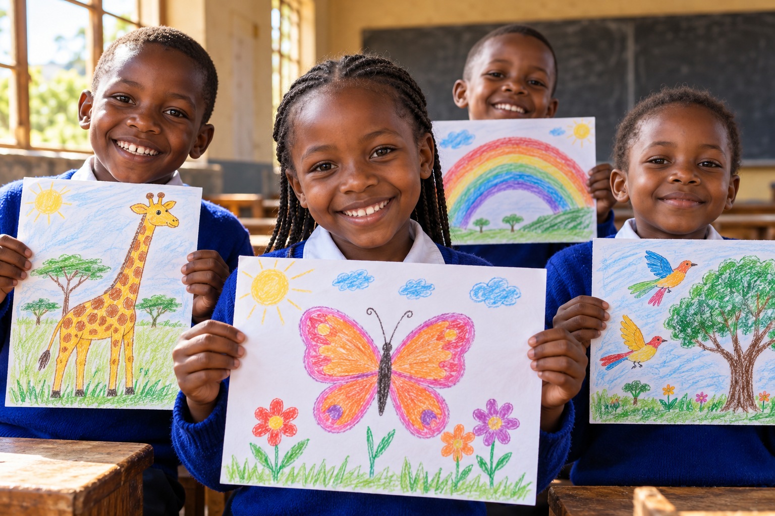 Children holding different drawings of a butterfly, giraffe, rainbow and birds