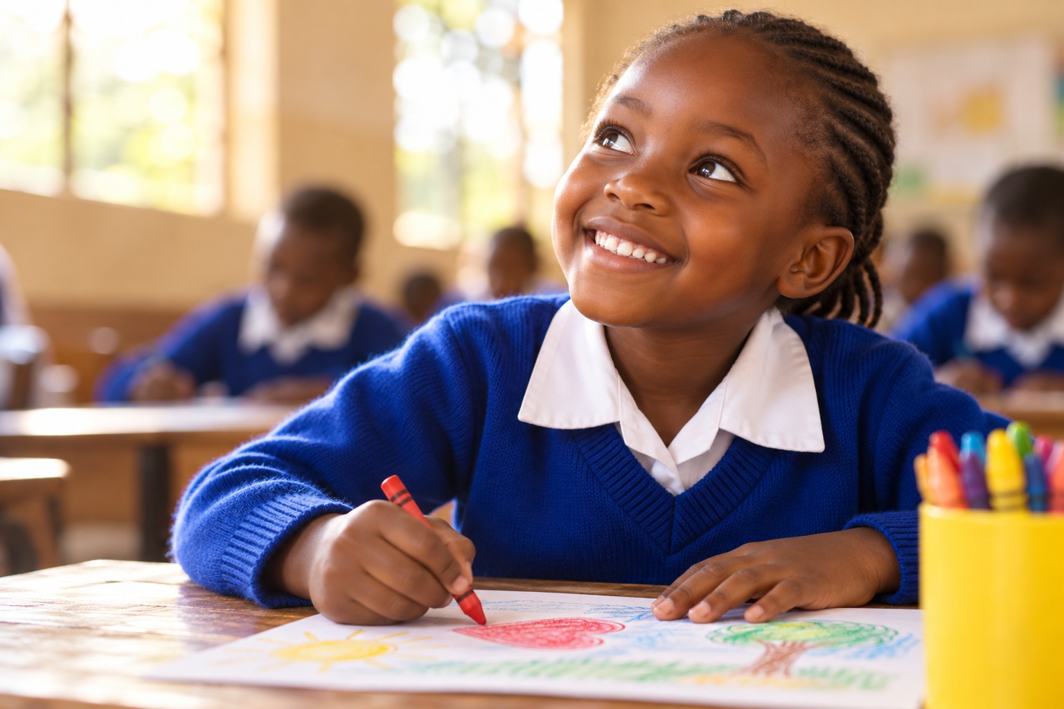 A smiling girl coloring with a red crayon in a Kenyan classroom