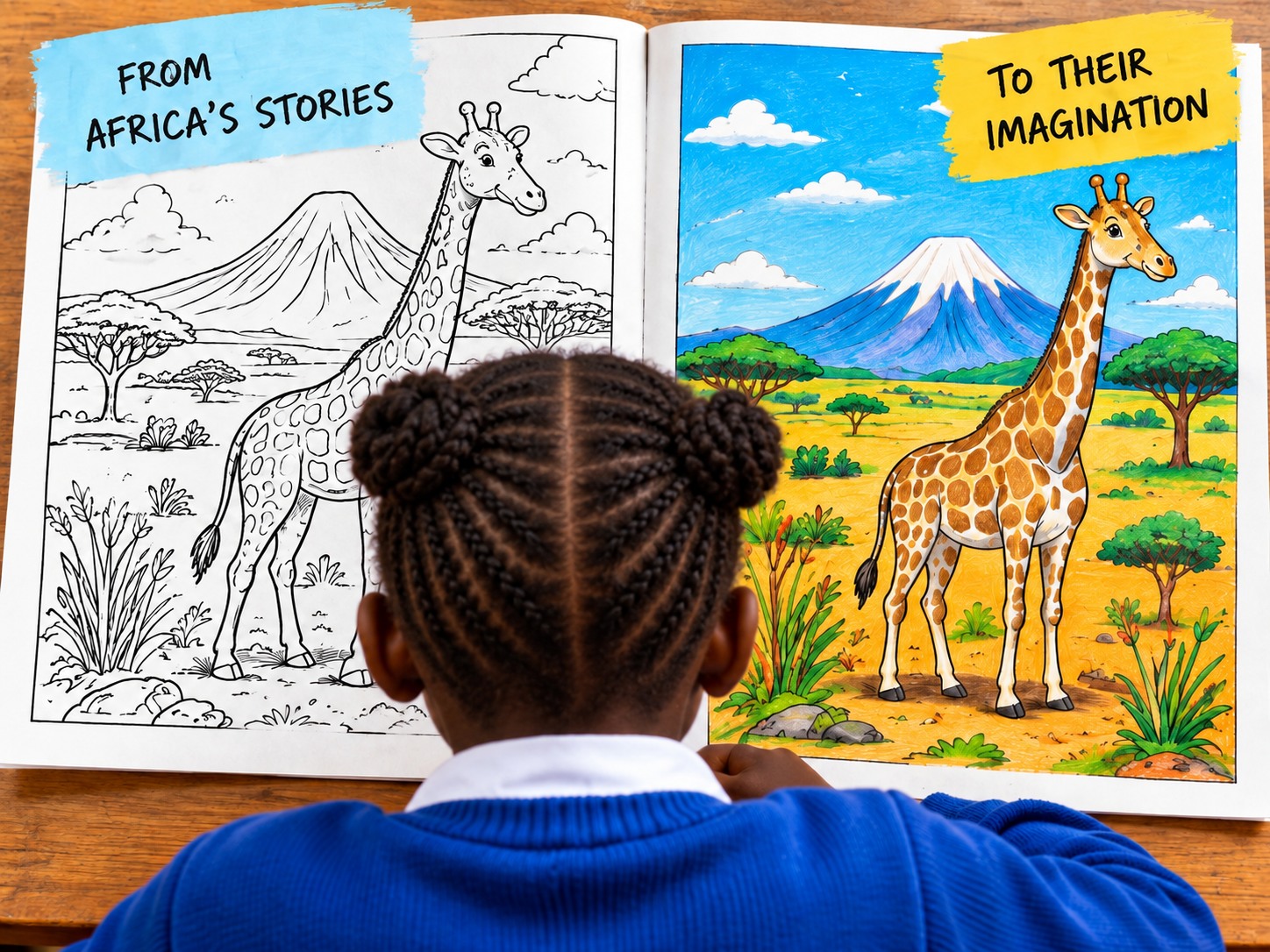 A girl with braided hair looking at a giraffe coloring book