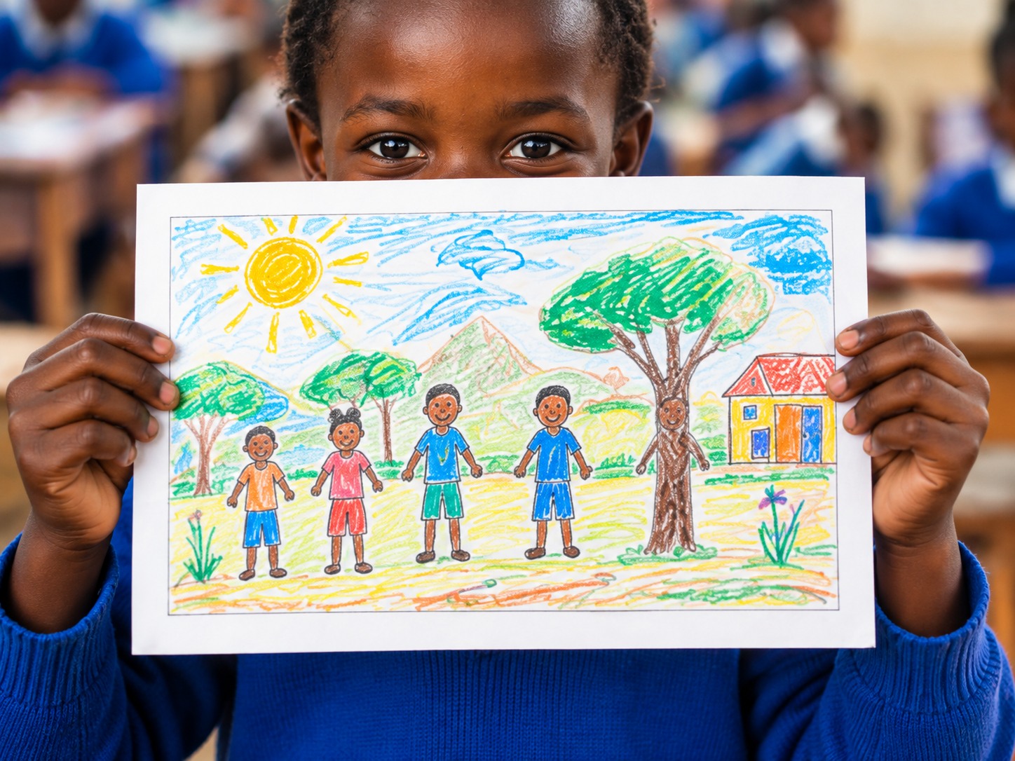 A child holding a colorful drawing of their community
