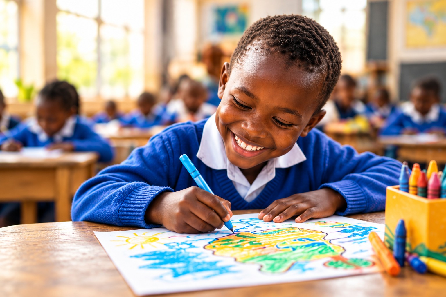 A child in a blue school sweater drawing with crayons